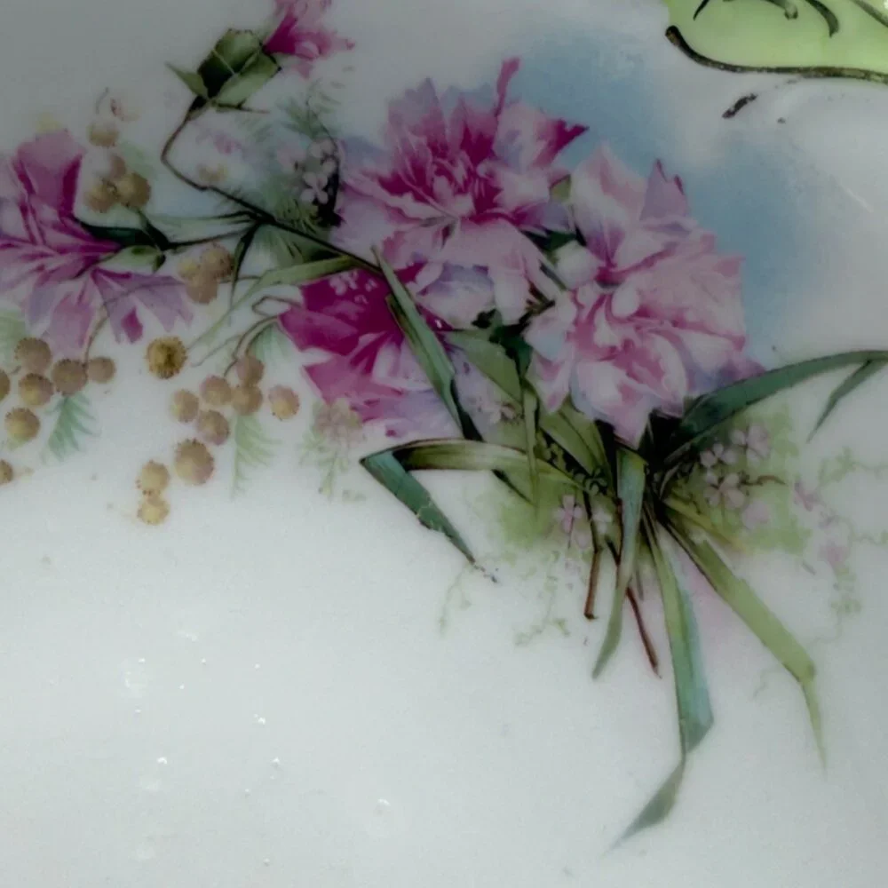 Antique Hand Painted Porcelain 10” Serving Bowl Pink Green Gilt Floral